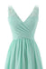 Mint Green V Neck Long Simple Pleated Bridesmaid Dress with Lace  DMM57