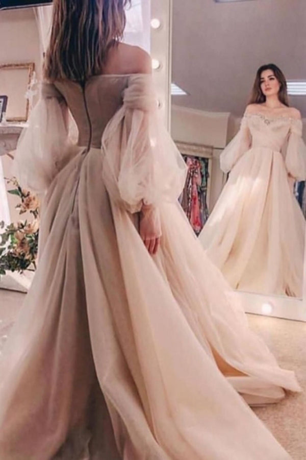 Beautiful A line Off the Shoulder Tulle Prom Dresses With Long Sleeves DMP031