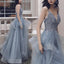 Deep V Neck Appliqued Spaghetti Straps Multi-Layered Organza Blue Bridal Dresses DMS11