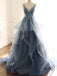 Deep V Neck Appliqued Spaghetti Straps Multi-Layered Organza Blue Bridal Dresses DMS11