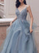 Deep V Neck Appliqued Spaghetti Straps Multi-Layered Organza Blue Bridal Dresses DMS11