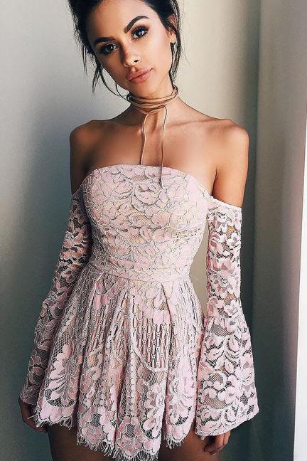 Long Sleeves Off the Shoulder Prom Dress,Short Pink Homecoming Dresses Demodresses Long Sleeves Off the Shoulder Prom Dress,Short Pink Homecoming Dresses Demodresses
