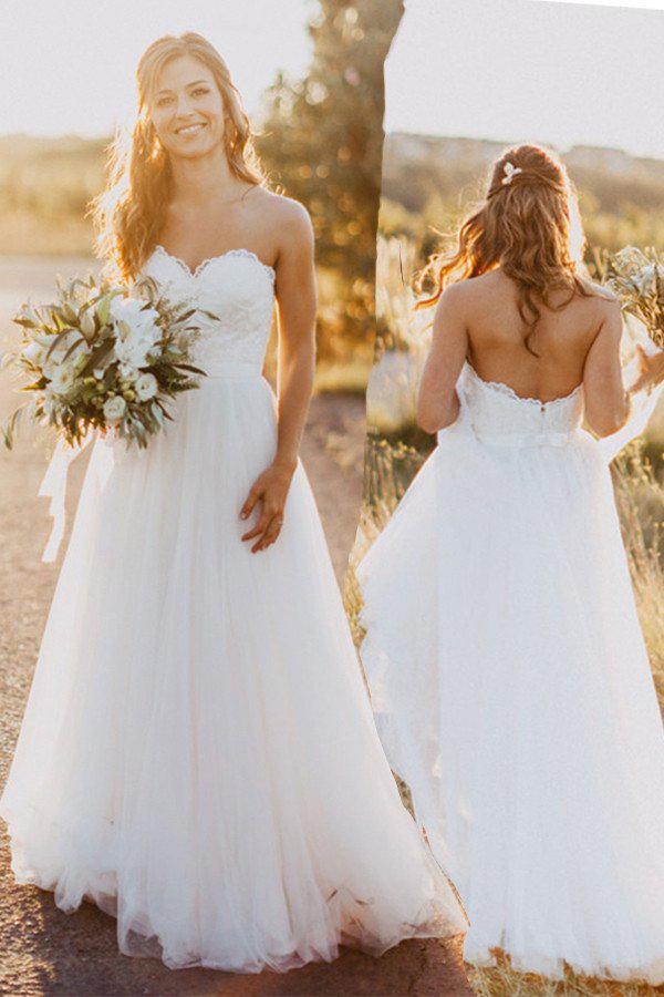 Beach Sweetheart White Wedding Dress with Lace,Casual A Line Wedding Dresses DM109