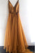 Spaghetti Strap A Line V Neck Gold Formal Cheap Long Prom Dresses DMG75