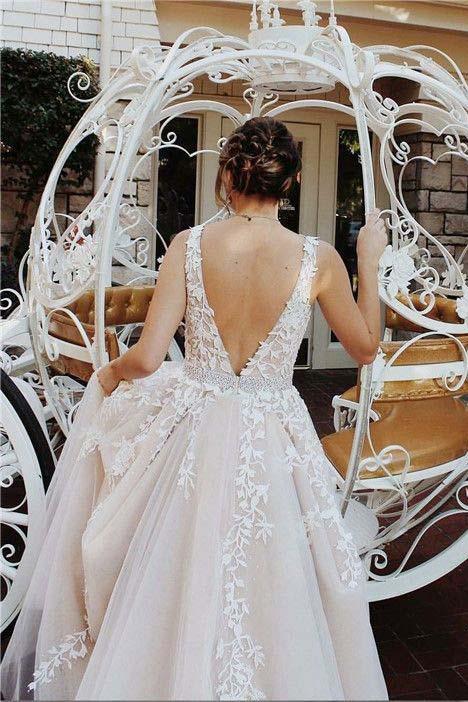 V neck Tulle Lace Long Wedding Dress,Tulle Ball Gown Prom Dress With Appliques DM402