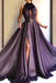Purple Long A-line Split Cheap Prom Dresses With Flowers DMH56