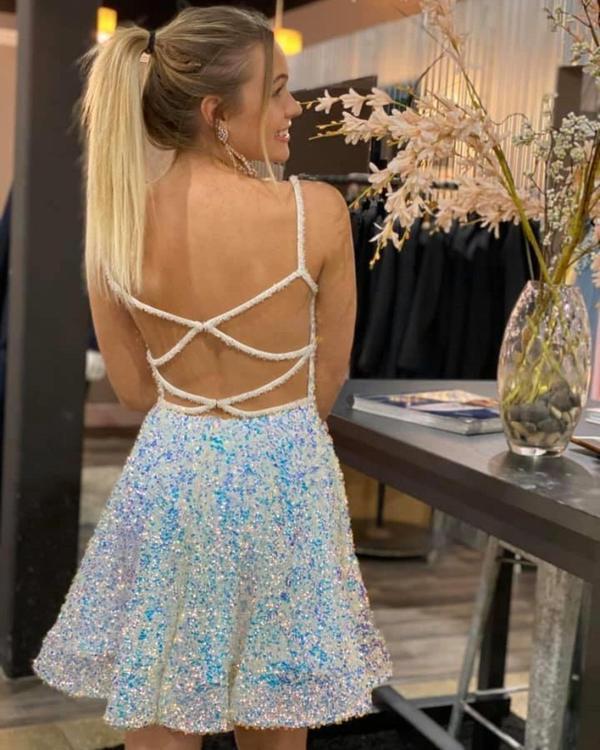 A-line White and Blue Sequined Party Dresses V Neck Short Homecoming Dress DMHD7