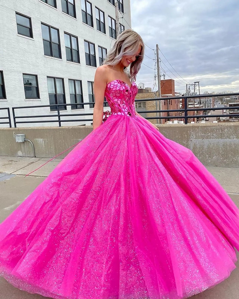Gorgeous Ball Gown Sweetheart Fuchsia Tulle Prom Dress With Beading Sweet 16 Dresses DMP220