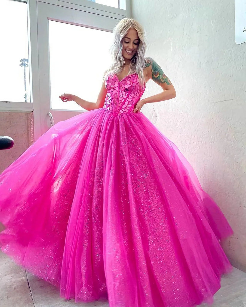 Gorgeous Ball Gown Sweetheart Fuchsia Tulle Prom Dress With Beading Sweet 16 Dresses DMP220