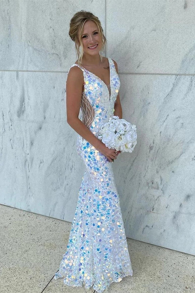 Mermaid V-Neck Sequined Long Prom Dress Formal Evening Dress DMP132
