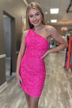 Glitter One Shoulder Hot Pink Tight Homecoming Dress Cocktail Dresses DM1054
