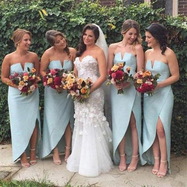 Unique Light Blue Strapless High Low Cheap Bridesmaid Dresses DMG56