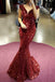 Mermaid Burgundy Sequined Cap Sleeves Long Prom Dresses DMH23