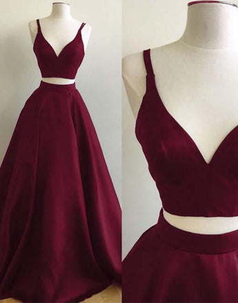 Simple Black Burgundy Satins V-neck Two Pieces A-line Prom Dresses DM131