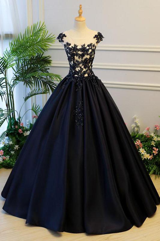 Puffy A-Line Cap Sleeves Black Satin Long Prom Dress with Appliques Demodresses Puffy A-Line Cap Sleeves Black Satin Long Prom Dress with Appliques Demodresses
