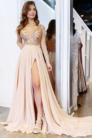 Long Sleeve See Through V Neck Prom Dresses Side Slit Formal Prom Party Dress DMH65