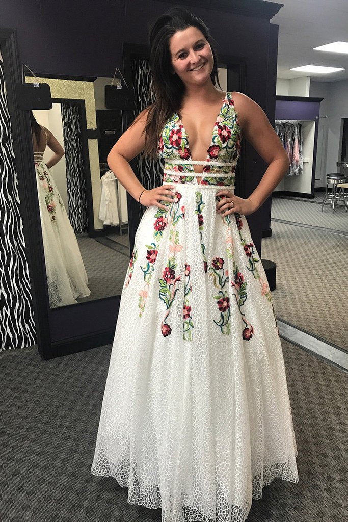 Charming V Neck Floral Embroidery Long Lace Prom Dress with Pocket DMJ1