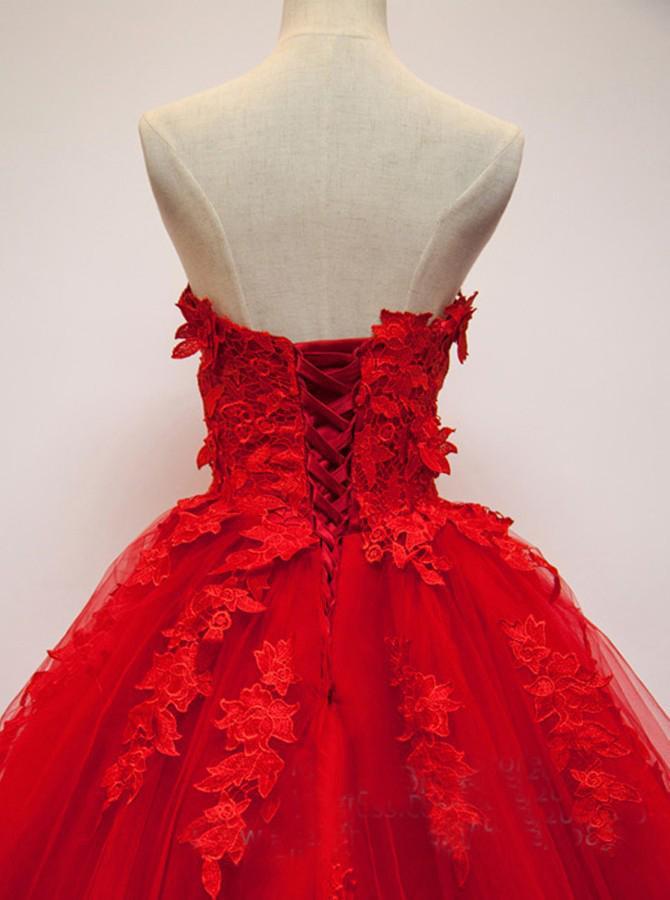 Charming Red Sweetheart Strapless Ball Gown Applique Tulle Long Prom Dress DME82
