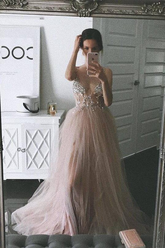 Dusty Pink A Line Tulle Prom Dress, V Neck Long Graduation Dress with Rhinestone DMJ48