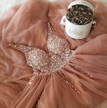 A Line Dusty Rose Long Tulle Prom Dresses Beading Bodice V Neck Formal Dress DMH49