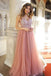 A Line Dusty Rose Long Tulle Prom Dresses Beading Bodice V Neck Formal Dress DMH49