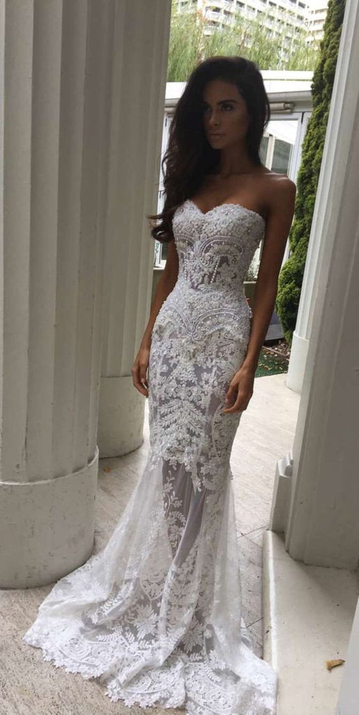 Charming White Lace Mermaid Sexy Sweetheart Sexy Long Beach Wedding Dresses DM184