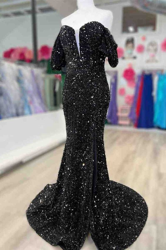 Mermaid Long Red Puff Sleeves Prom Dress Sparkly Sequined with Side Slit DM1957