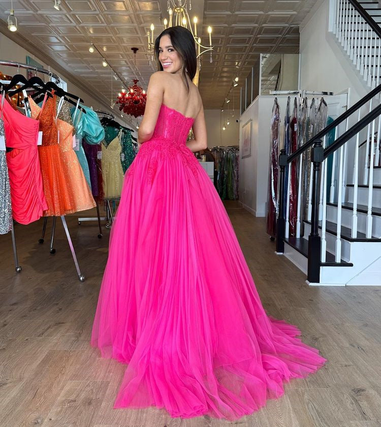 Chic A-line Tulle Sweetheart Long Prom Dress Fuchsia Elegant Evening Dress DMP303