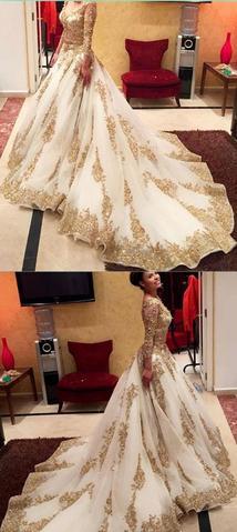 V-Neck Prom Dresses With Appliques,Long Sleeves Ball Gown Wedding Dresses With Chapel Train DM499