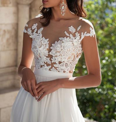 Ivory Lace Front Slit See Through Cap Sleeves Custom Made Beach Wedding Dresses DM273