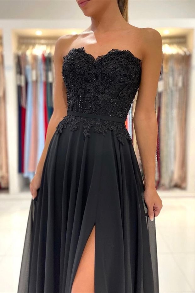 Modern Black Sweetheart Chiffon Long Prom Dresses Appliques With Split DMP153