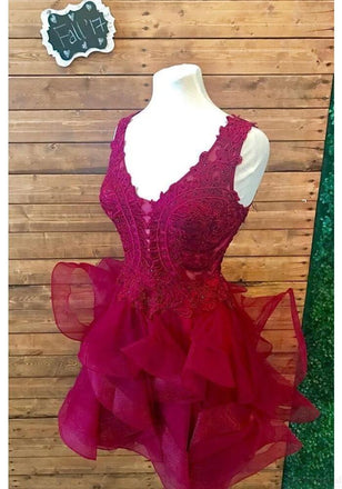 Organza Lace Short Party Dresses,Lace V Neck Prom Dresses,Burgundy Homecoming Dresses DM498