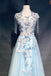 Light Blue Cap Sleeves Prom Dress with Beading, Formal Evening Dress DMN42