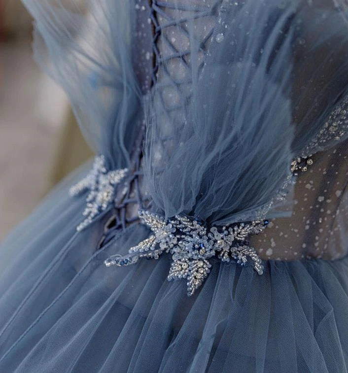 Chic Blue Sparkly Tulle Ball Gown Prom Dresses, Long Formal Gown With Rhinestone DMP156