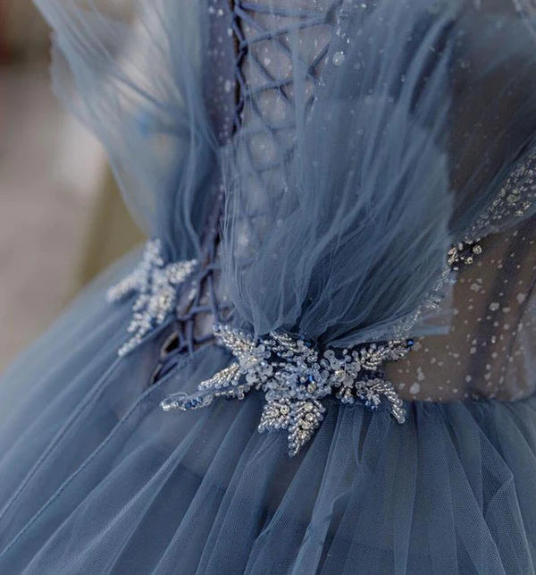 Dusty Blue Sparkly Tulle Beaded Prom Dress, Tiered Formal Gown With Rh Demodresses Dusty Blue Sparkly Tulle Beaded Prom Dress, Tiered Formal Gown With Rh Demodresses