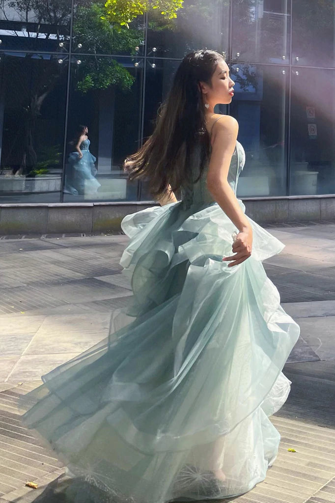 A Line Spaghetti Straps Tulle Long Prom Dresses, Stunning Evening Party Dress DMP176