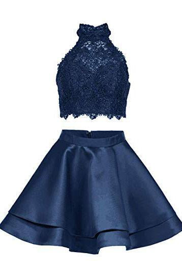 Two Piece Dark Blue Short Homecoming Dress with Lace, A Line Satin Graduation Dress DMM55