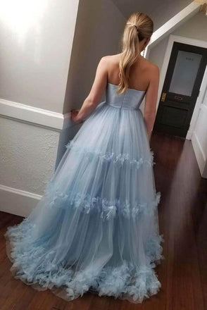 Light Blue Strapless Tulle Prom Dress, Cheap Long Tulle A Line Formal Gown DMP039