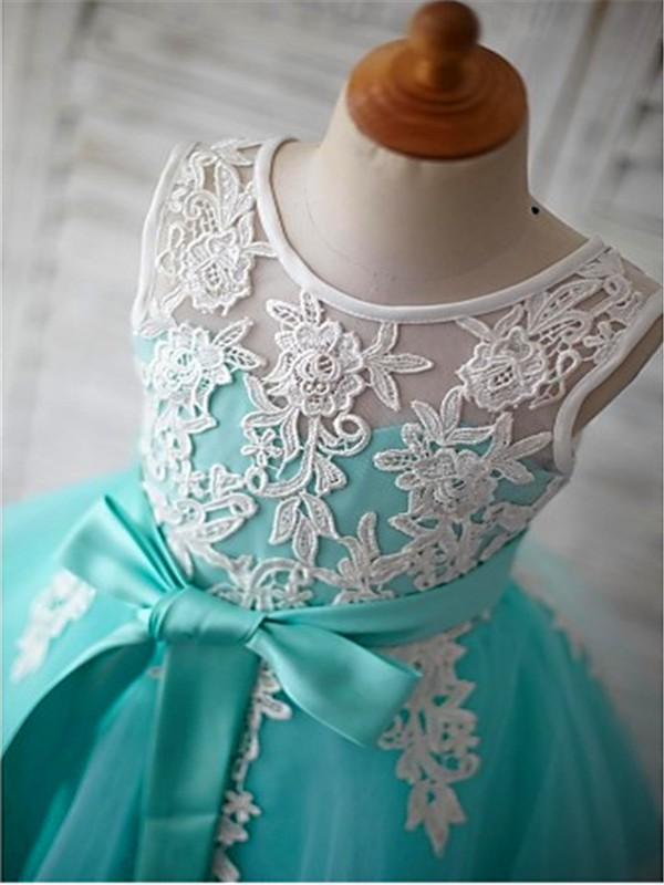 Blue Ball Gown Scoop Sleeveless Bowknot Floor-Length Tulle Appliques Flower Girl Dresses DM722