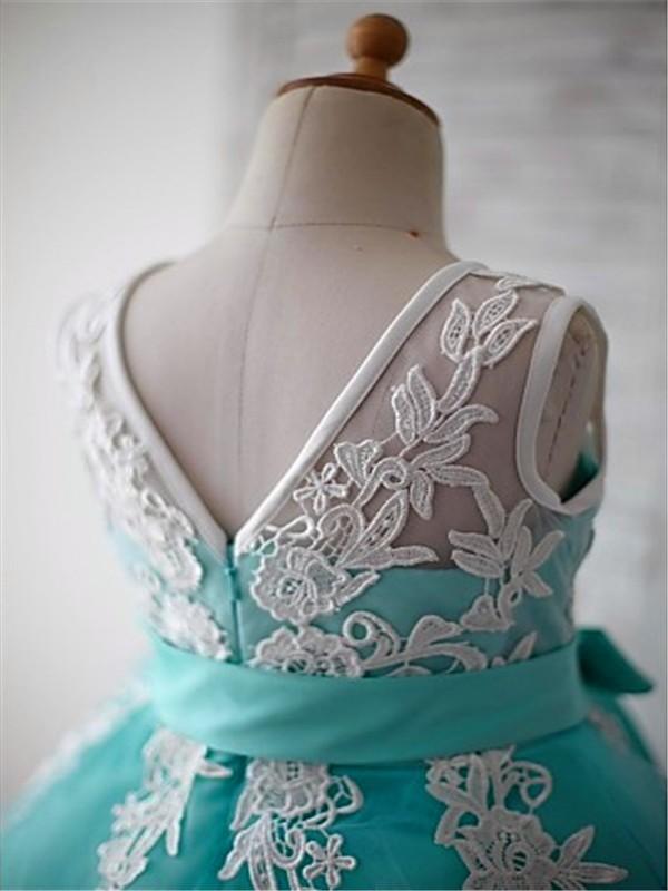 Blue Ball Gown Scoop Sleeveless Bowknot Floor-Length Tulle Appliques Flower Girl Dresses DM722