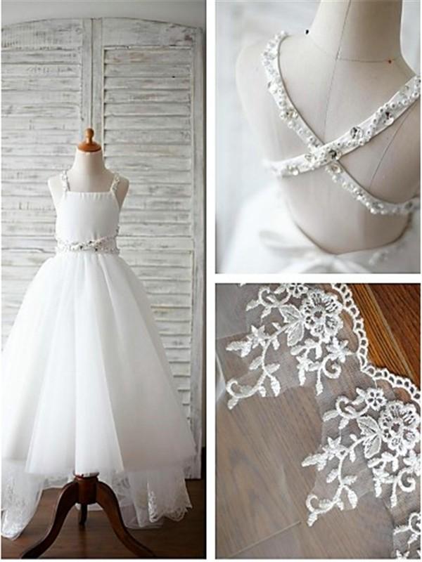 A-line/Princess Spaghetti Straps Sleeveless Beading Organza Flower Girl Dresses With Lace DM721