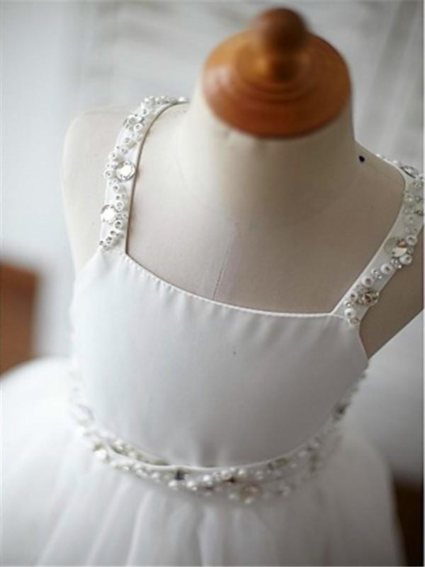 A-line/Princess Spaghetti Straps Sleeveless Beading Organza Flower Girl Dresses With Lace DM721