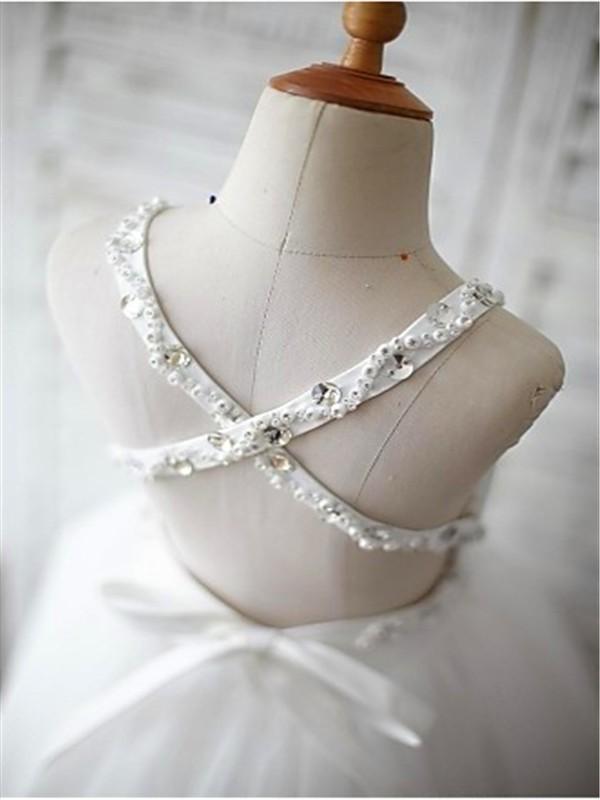 A-line/Princess Spaghetti Straps Sleeveless Beading Organza Flower Girl Dresses With Lace DM721