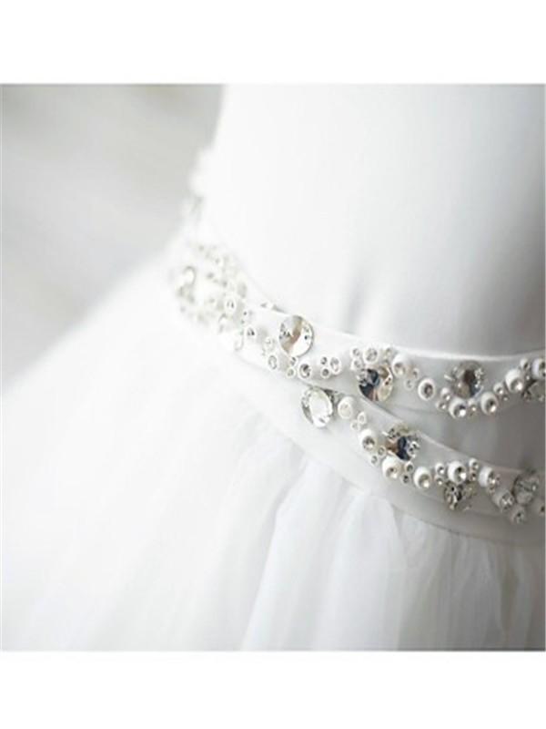 A-line/Princess Spaghetti Straps Sleeveless Beading Organza Flower Girl Dresses With Lace DM721