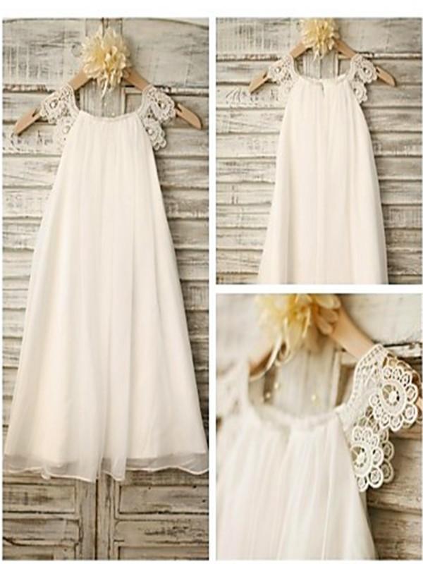 Ivory A-line Scoop Sleeveless Chiffon Floor-Length Flower Girl Dresses DM716