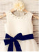 Ivory A-line Scoop Sleeveless Bowknot Tea-Length Tulle Flower Girl Dresses With Belt DM713
