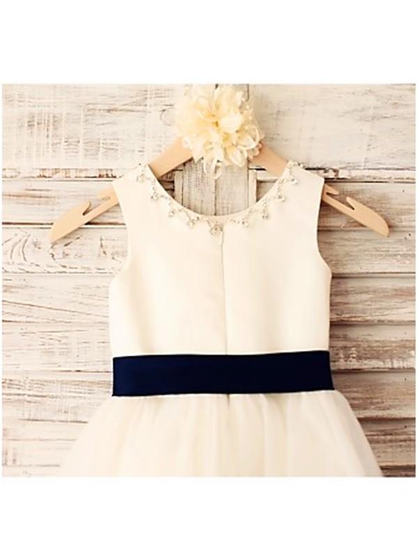Ivory A-line Scoop Sleeveless Bowknot Tea-Length Tulle Flower Girl Dresses With Belt DM713