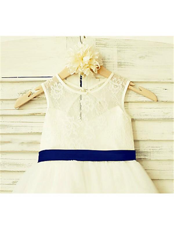 Ivory A-line Scoop Sleeveless Bowknot Floor-Length Tulle Flower Girl Dresses With Lace DM710
