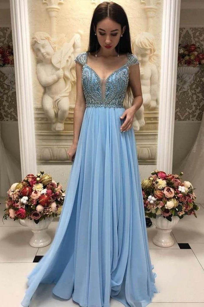 Elegant A-Line Beaded Sky Blue Prom Dresses With Cap Sleeves DMO96