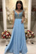 Elegant A-Line Beaded Sky Blue Prom Dresses With Cap Sleeves DMO96